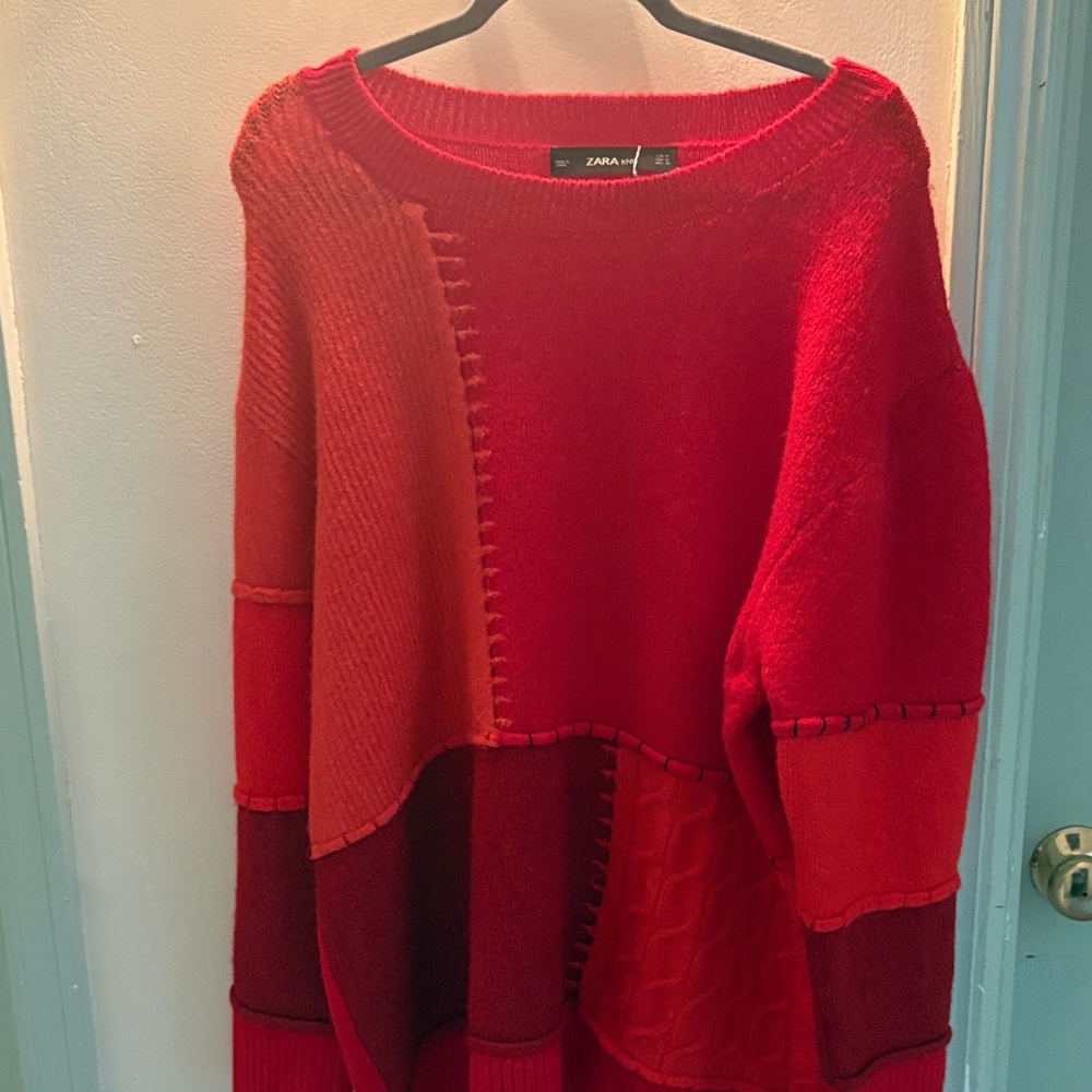 Zara Red & Burgundy Patchwork Crewneck Sweater